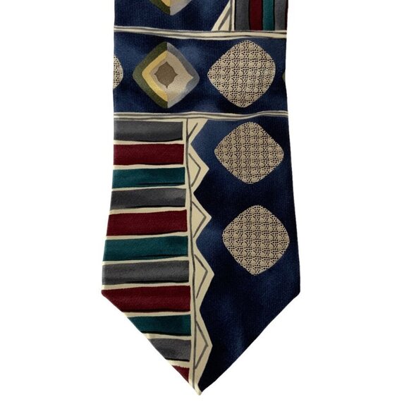 Oscar De La Renta Mens Necktie Blue Red Silk Geometric Pattern Career Church - Picture 2 of 4
